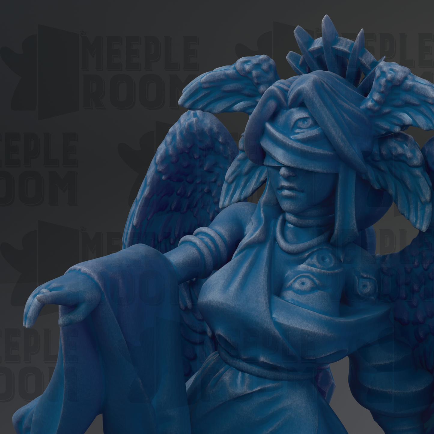 A close-up of a blue statue depicting a winged figure with a crown and a flowing robe, set against a dark background with the text "MEUPLE ROOM" repeated multiple times.