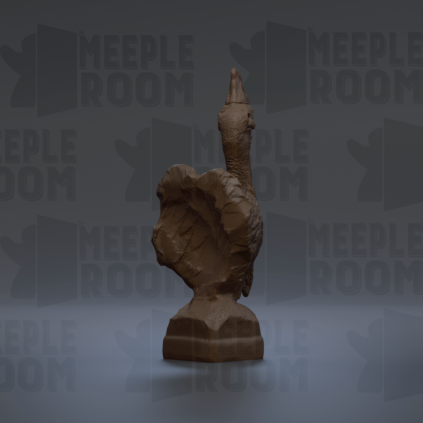 A brown ceramic sculpture of a turkey is displayed against a gray background with repeated "MEIPLE ROOM" text.
