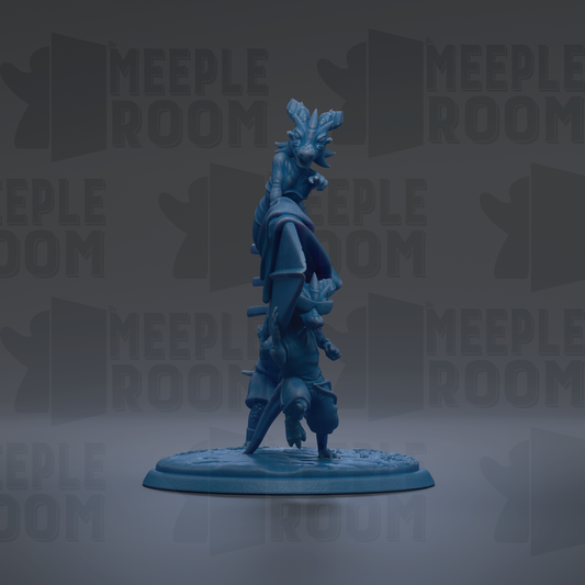 A blue figurine of a dragon-like creature standing on a platform against a dark background with repeated text.