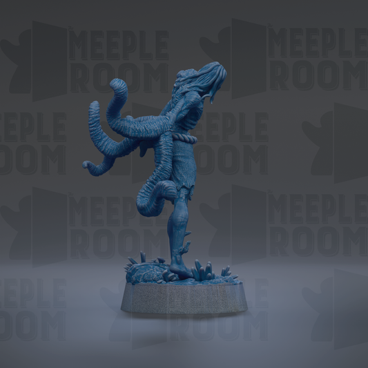 A blue, 3D-rendered figurine of a fantastical creature with multiple tentacles, standing on a base and appearing to be in a dynamic pose.
