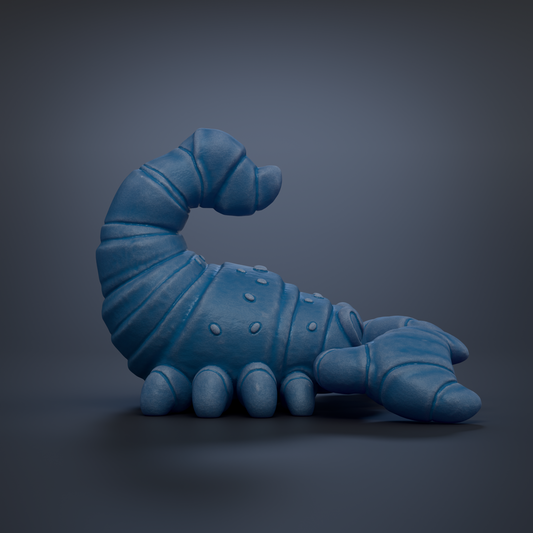 A blue, 3D-rendered toy lobster is shown in a curled position against a dark background.