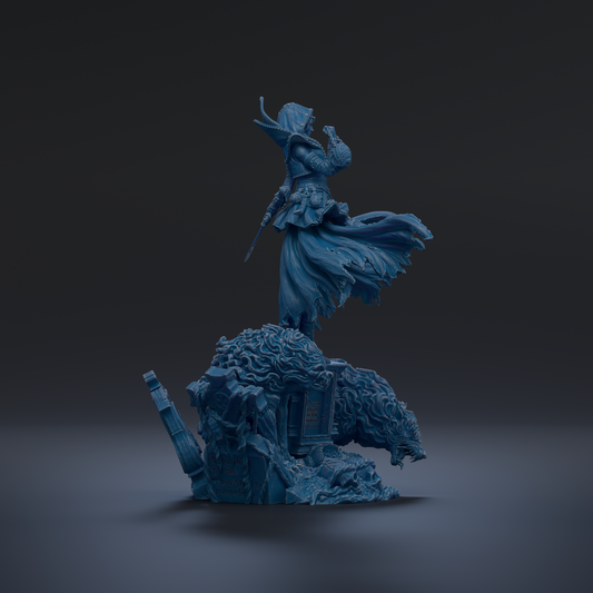 A dark blue, 3D-rendered statue of a figure with flowing robes and a hood, standing on a large, fierce-looking creature.