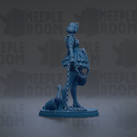 A blue statue of a woman with a chain around her neck, standing on a platform.