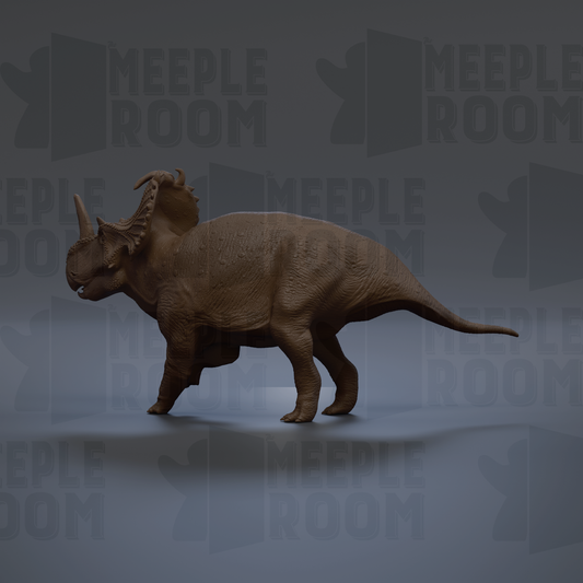 A 3D rendering of a Triceratops dinosaur, with its distinctive horns and tail, is shown against a dark background with repeated text.
