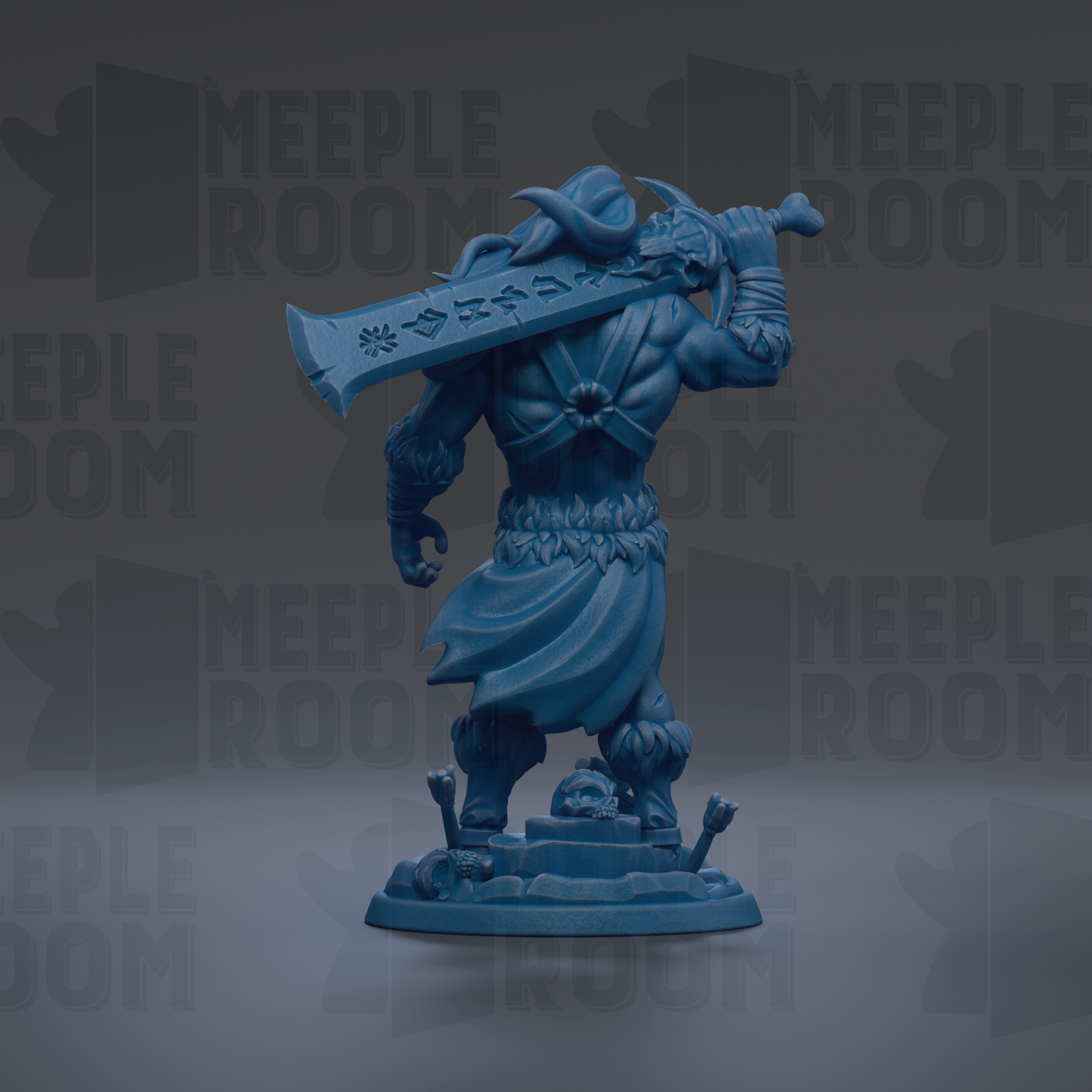 A blue figurine of a warrior-like character holding a large sword, standing on a platform with a skull and crossbones symbol.