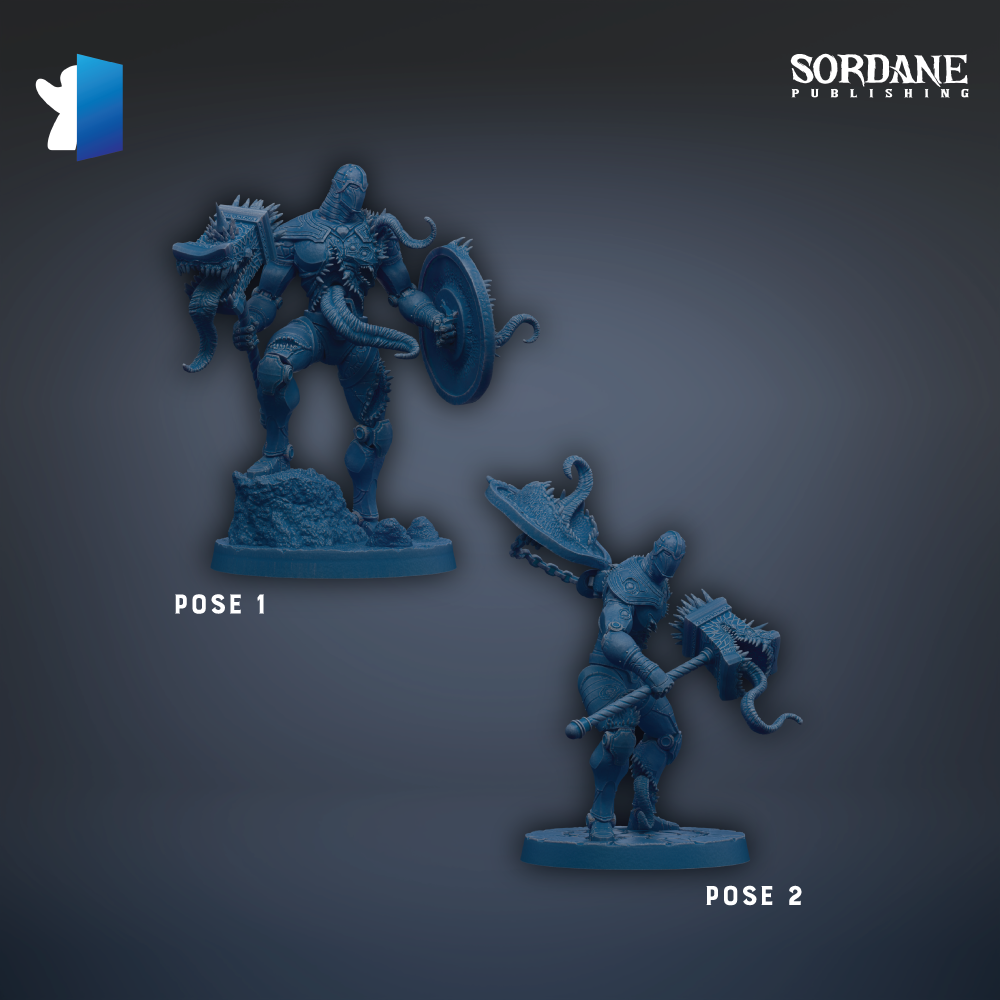 two blue figurines of fantastical creatures, each with unique poses and weapons, set against a dark background.