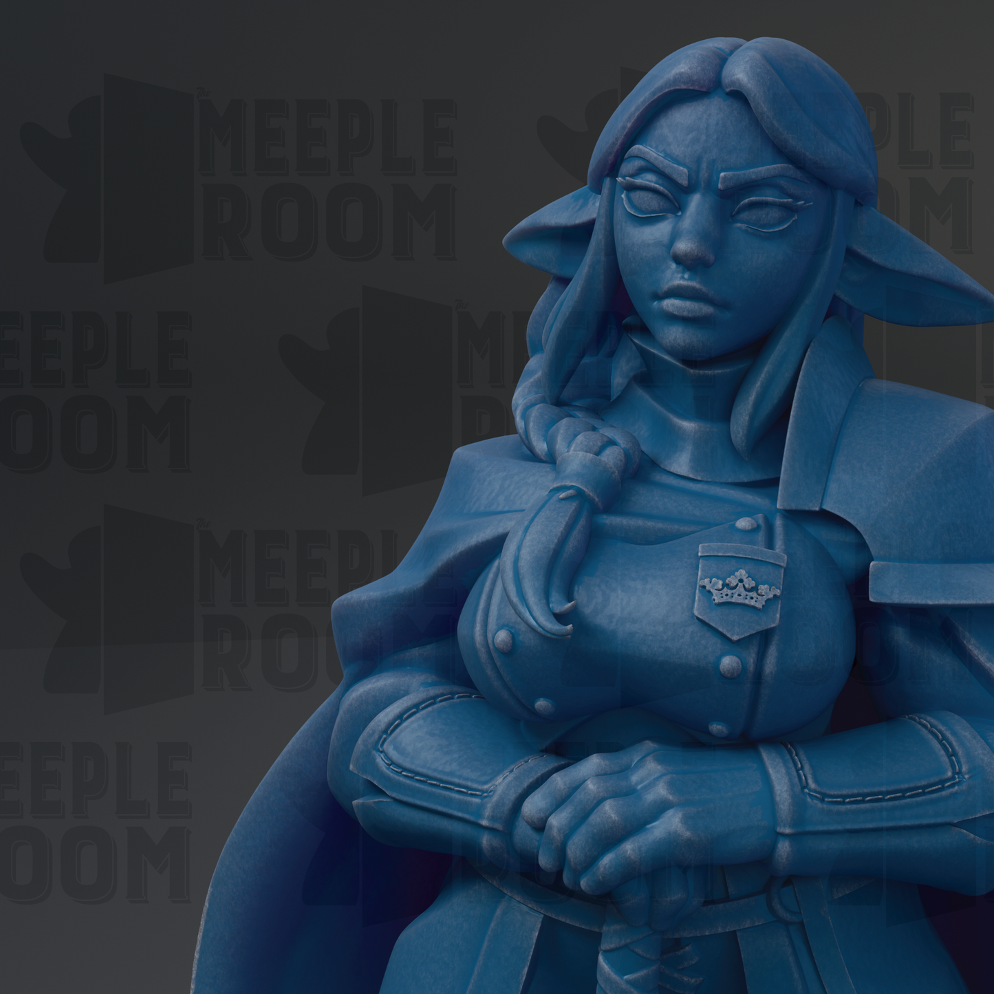 A blue statue of a female character with a crown, wearing a cape and holding a sword, is the main focus of the image.