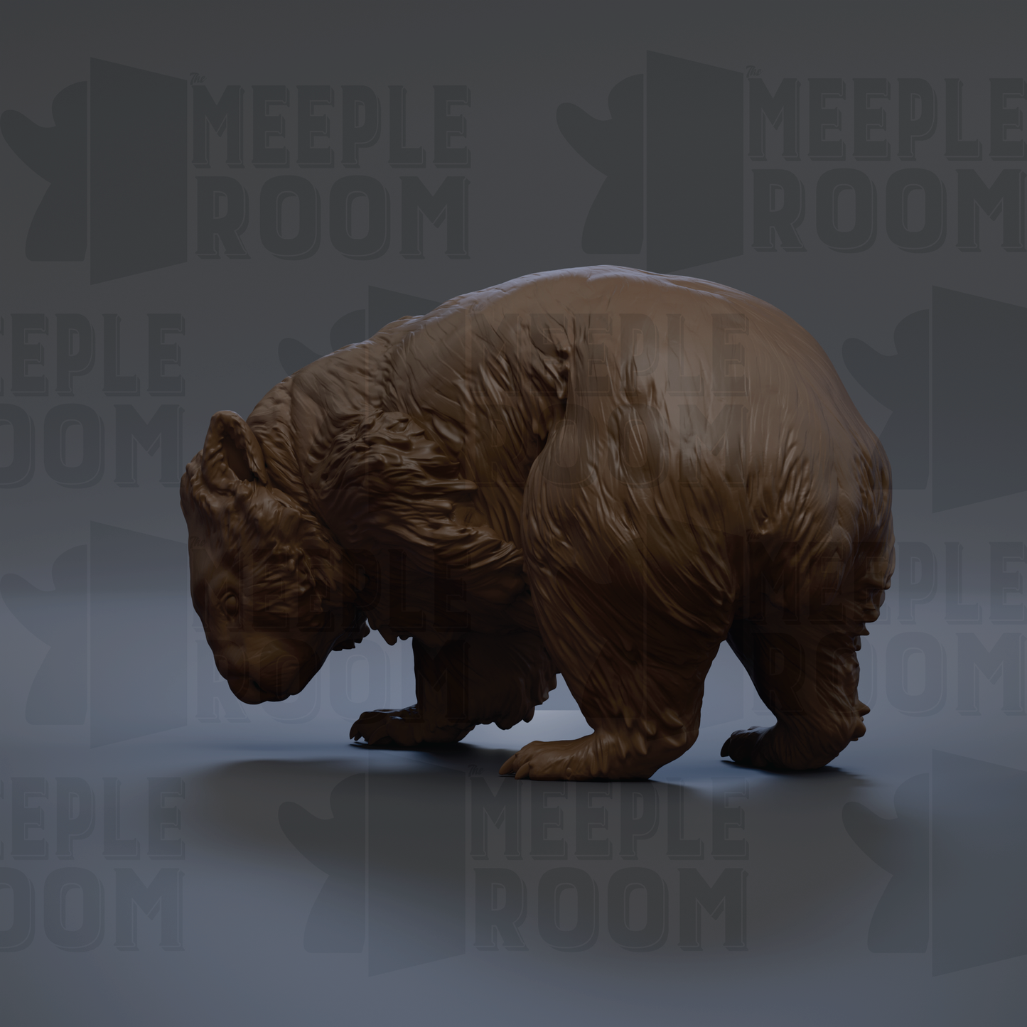 A 3D rendering of a bear statue, with the text "MEUPLE ROOM" repeated in the background.