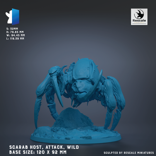 The image is a 3D model of a large, blue-colored spider-like creature with a menacing expression, sitting on a rocky surface. The image is labeled as "SCARAB HOST, ATTACK, WILD" and is described as a "BASE SIZE: 120 X 92 MM". The image is described as a "RESCALE MINIATURE" and is shown against a dark background.