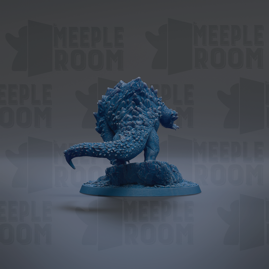 A blue, spiky-haired figurine is sitting on a rock against a dark background with repeated "MEUPLE ROOM" text.