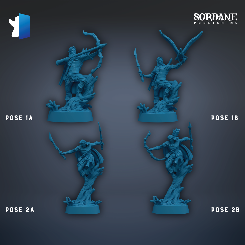 four blue figurines of characters, each with different poses, arranged in a grid-like pattern against a dark background.