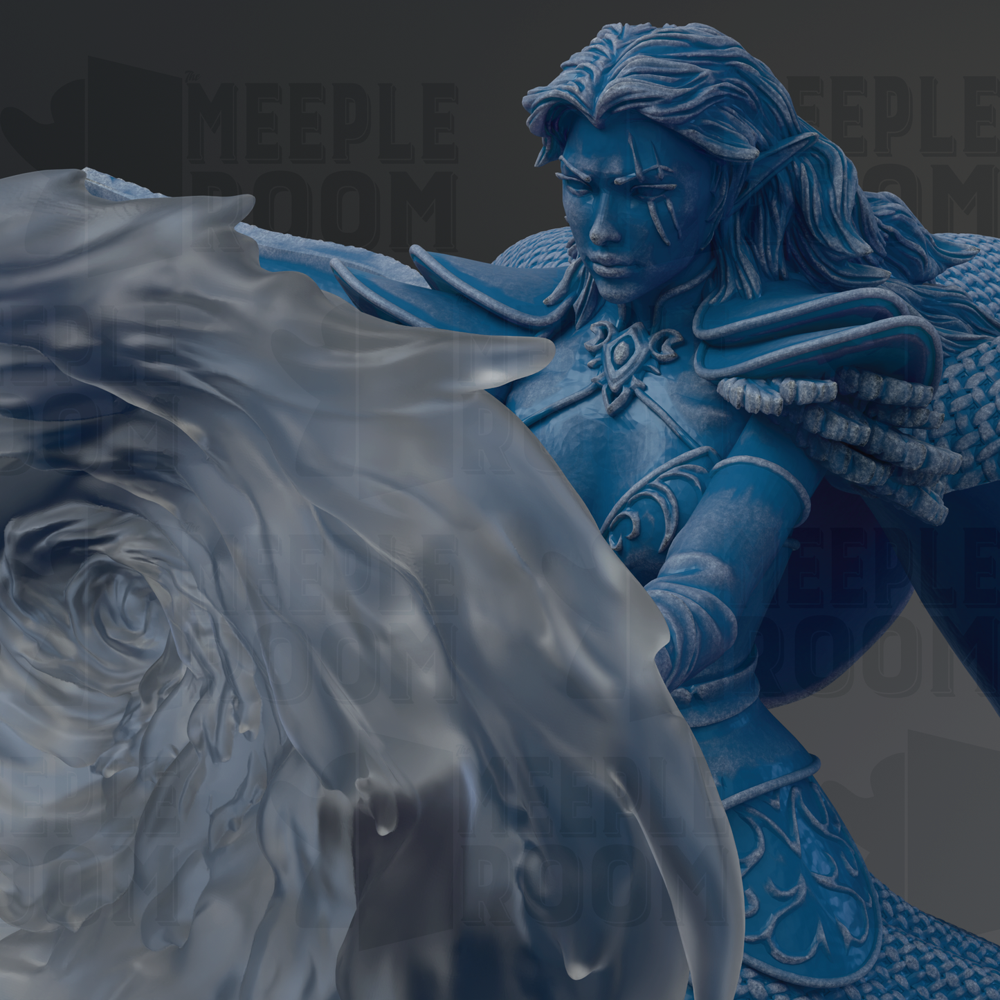 A close-up view of a blue, sculpted figure with flowing hair and intricate details, holding a large, flowing object.