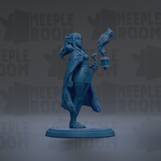 A blue figurine of a woman holding a lantern and a bird, standing on a platform against a dark background with repeated text.