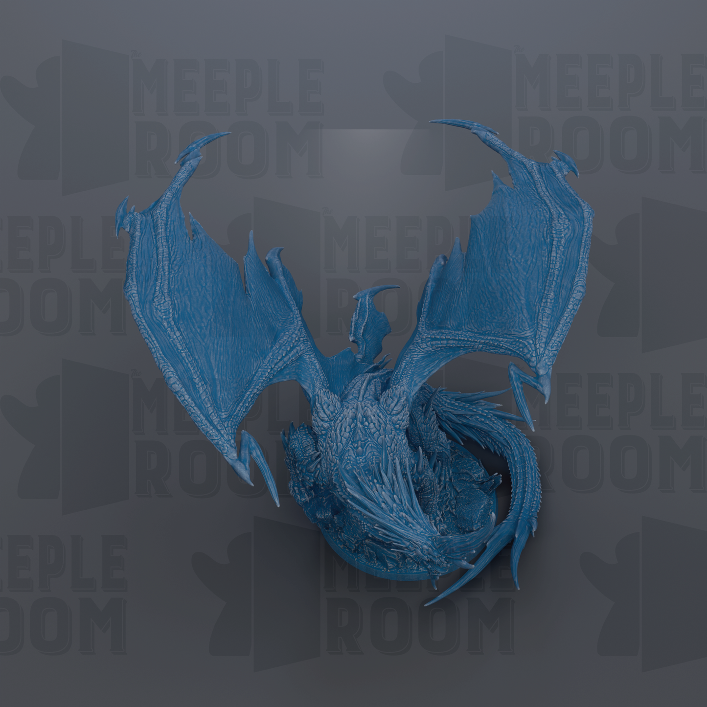 A blue dragon statue with outstretched wings is the central focus of the image.