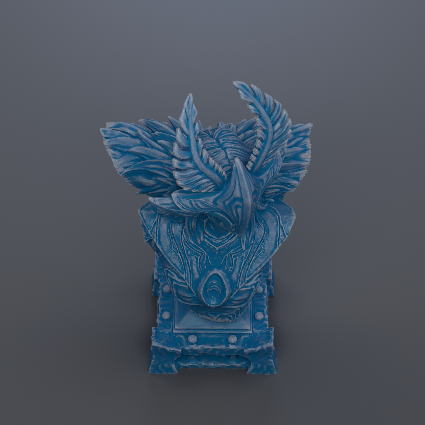 A blue, intricate sculpture with a detailed, ornate design.
