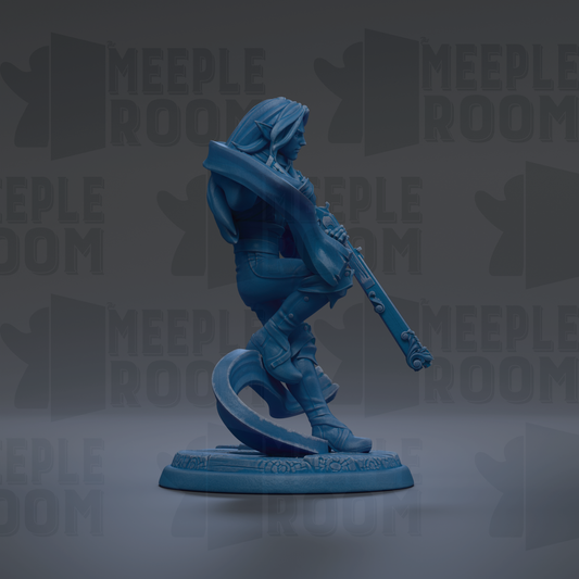 A blue figurine of a person holding a weapon, standing on a platform, with the text "MEUPLE ROOM" repeated in the background.