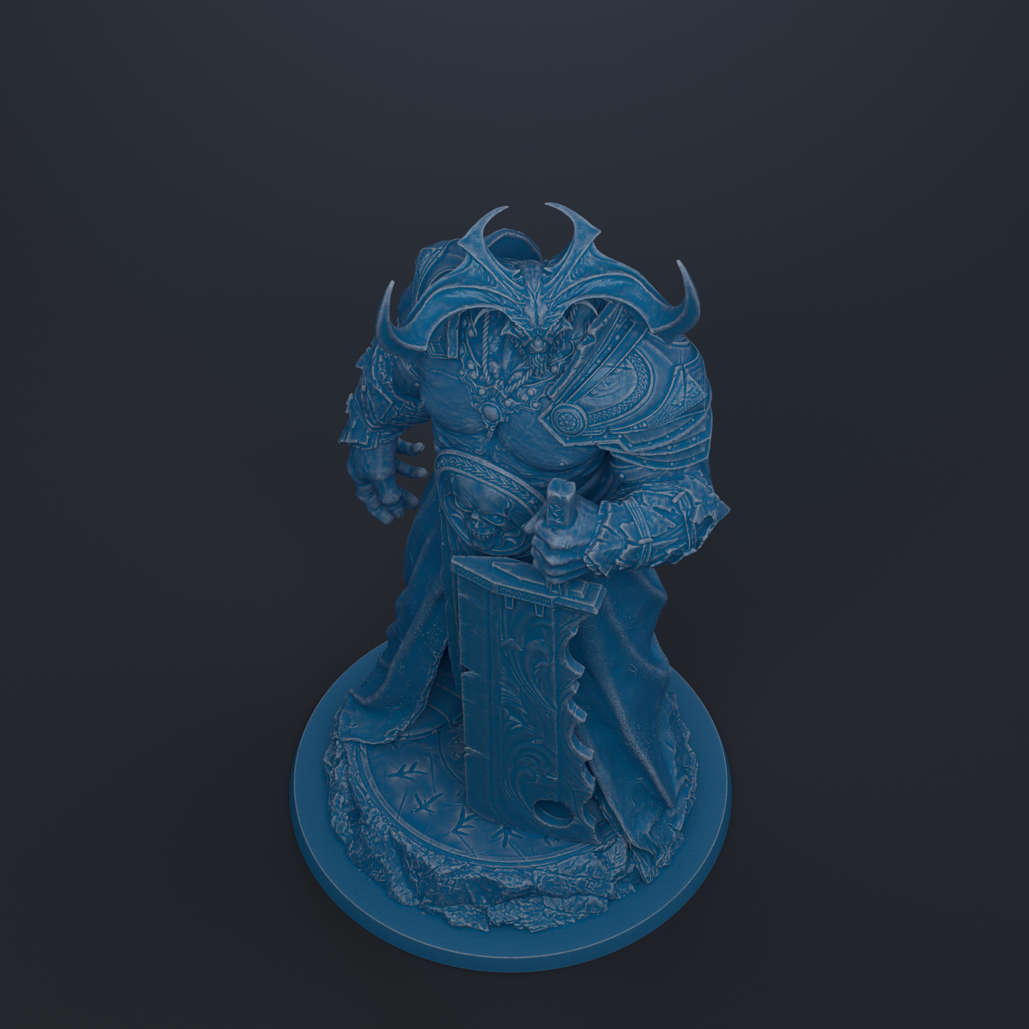 A detailed 3D rendering of a warrior figure, standing on a pedestal and holding a sword.