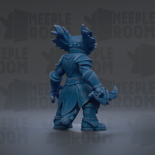A blue, armored figurine with a large head and a sword, standing against a dark background with repeated text.