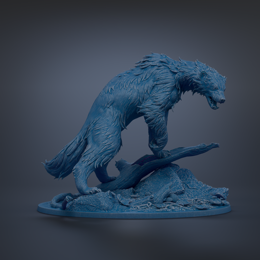 A detailed 3D model of a fierce-looking bear statue, with its mouth open and claws extended, standing on a rock formation.