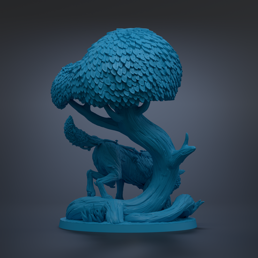 A blue, 3D-rendered sculpture depicting a stylized tree with a large, intricate leaf-like structure on top.