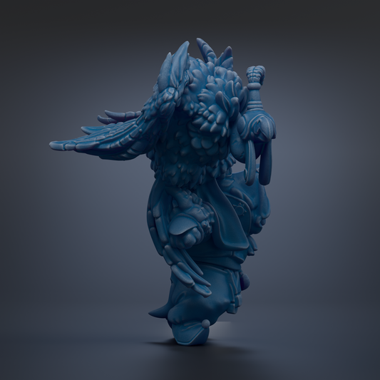 A 3D rendering of a fantastical creature with intricate, detailed features, including a large head, long neck, and a pointed tail. The creature appears to be a blend of a bird and a dragon-like creature, with a blue-green color scheme.