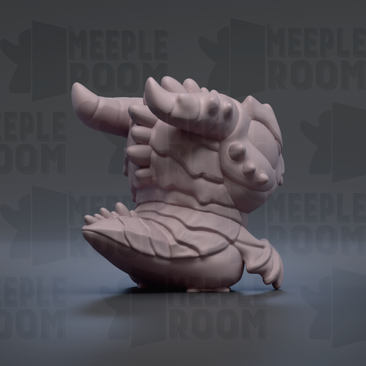 A 3D rendering of a stylized, abstract creature with a large head and curved body, resembling a dragon or serpent.