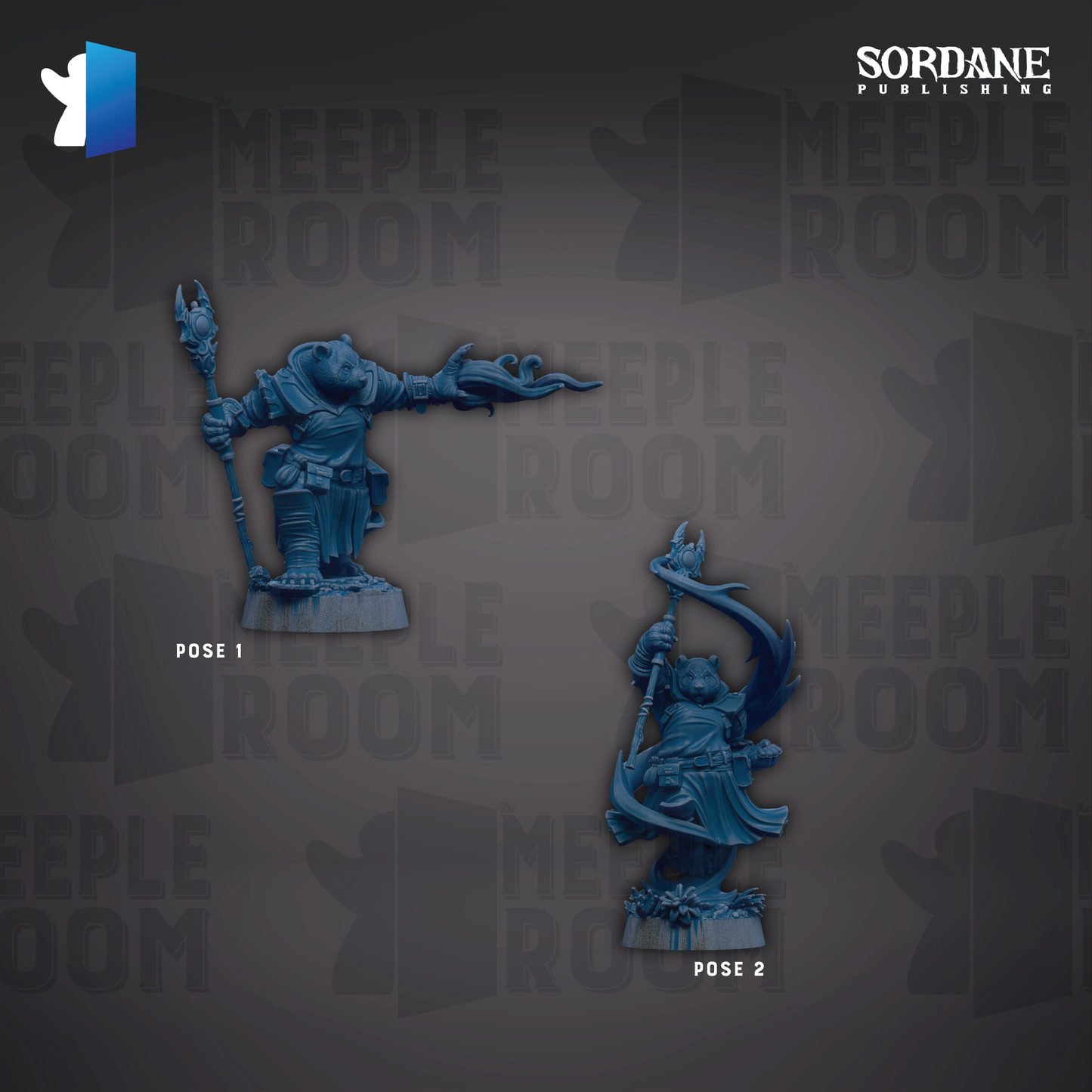 two blue figurines, each with a unique pose, set against a dark background with repeated text.