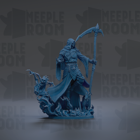 A dark blue, 3D-rendered statue of a figure holding a staff and a staff-like weapon, standing on a platform surrounded by flames and other fantastical elements.