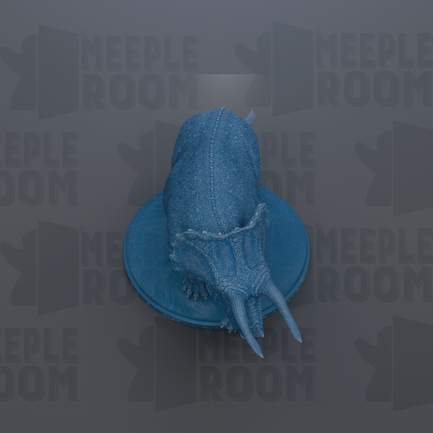 A blue triceratops figurine is displayed on a circular base against a dark background with repeated text.