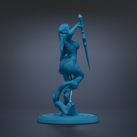 A blue 3D model of a female character holding a sword and standing on a platform.