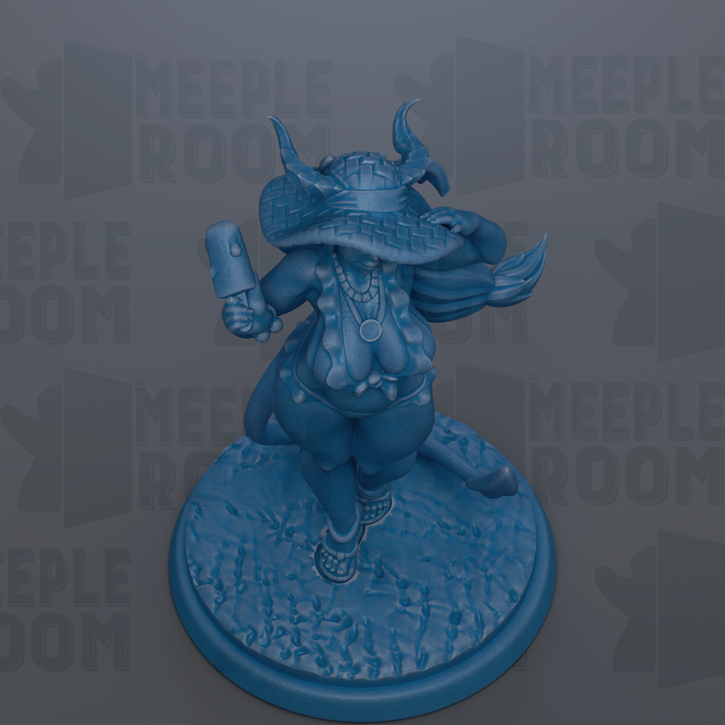 A blue figurine of a person holding a popsicle and wearing a hat with horns, standing on a blue base.
