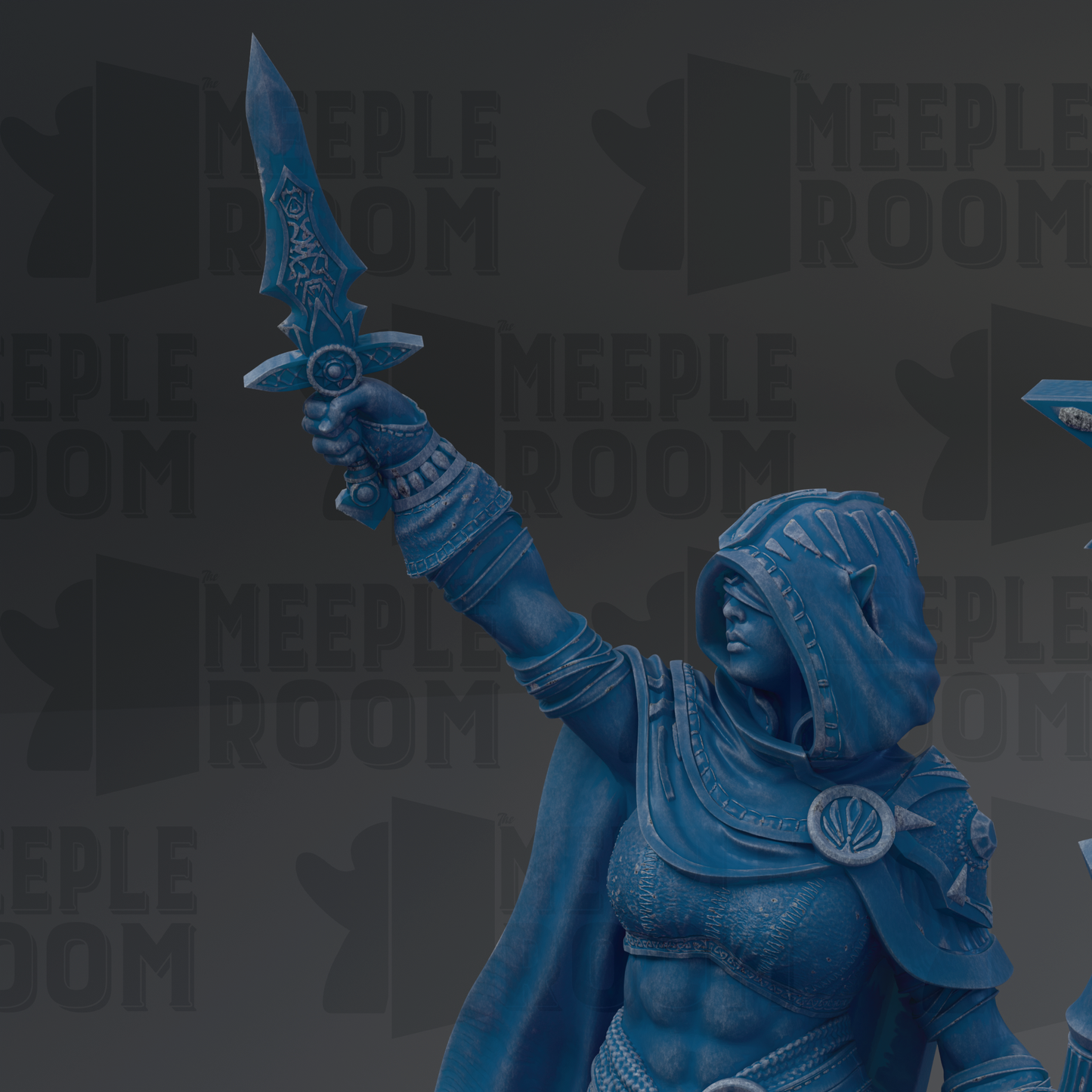 A blue statue of a warrior figure holding a sword and shield, with the text "MEEPLE ROOM" repeated in the background.