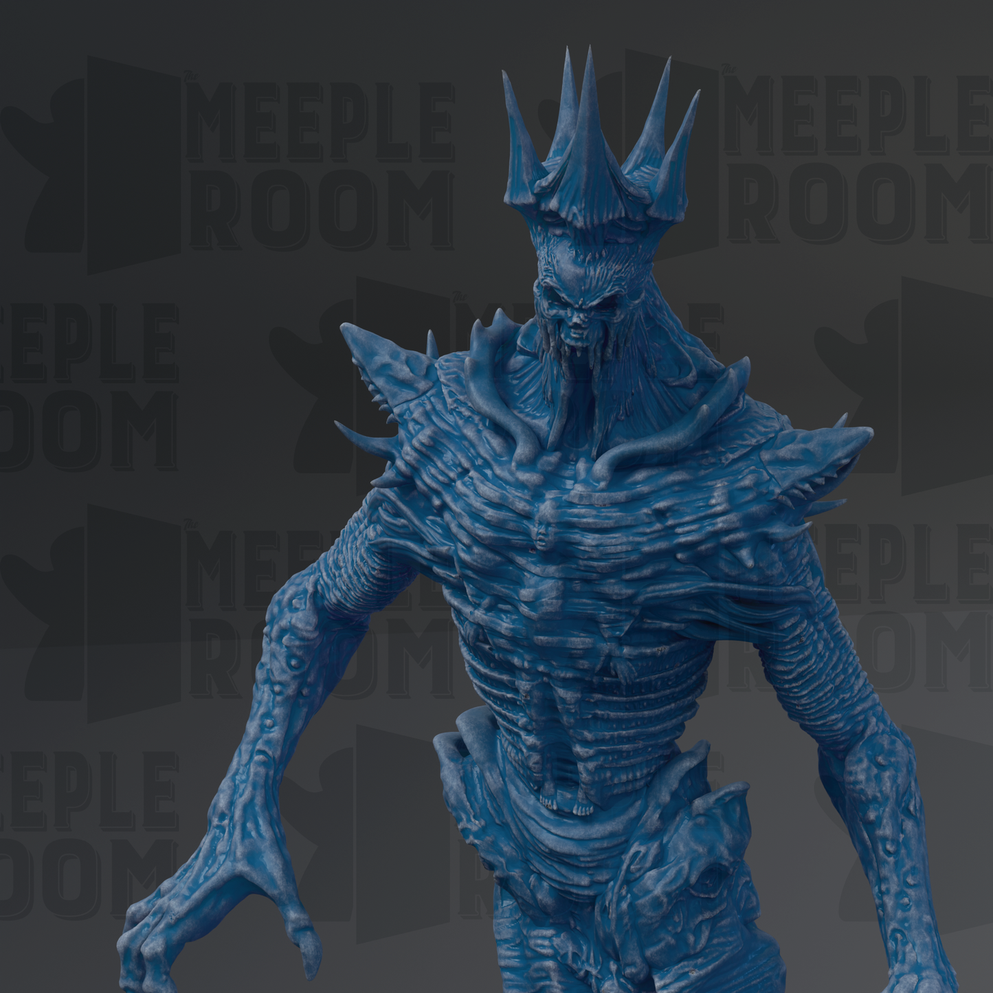 A detailed 3D rendering of a blue, fantastical creature with sharp teeth and claws, standing in a dark environment.