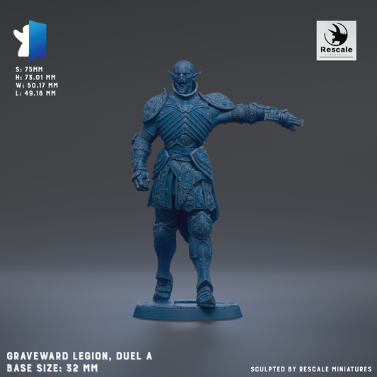 a blue figurine of a warrior standing in a fighting stance, with a sword in hand. The figurine is of the Graveward Legion, duel A base size: 32mm.