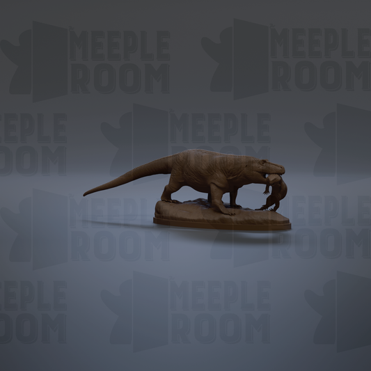 A 3D model of a dinosaur, possibly a T-Rex, is displayed against a dark background with repeated text.