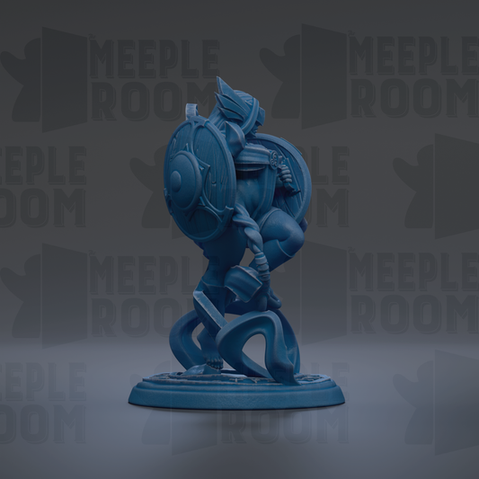 A blue statue of a figure holding a shield and sword, standing on a base.
