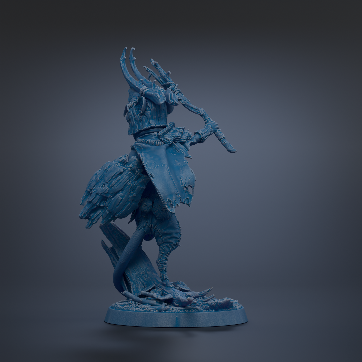 A blue, 3D-rendered figurine of a fantastical creature with horns and a long, curved weapon.