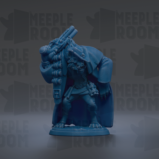 A blue figurine of a character with a gun and a cape, standing on a base.