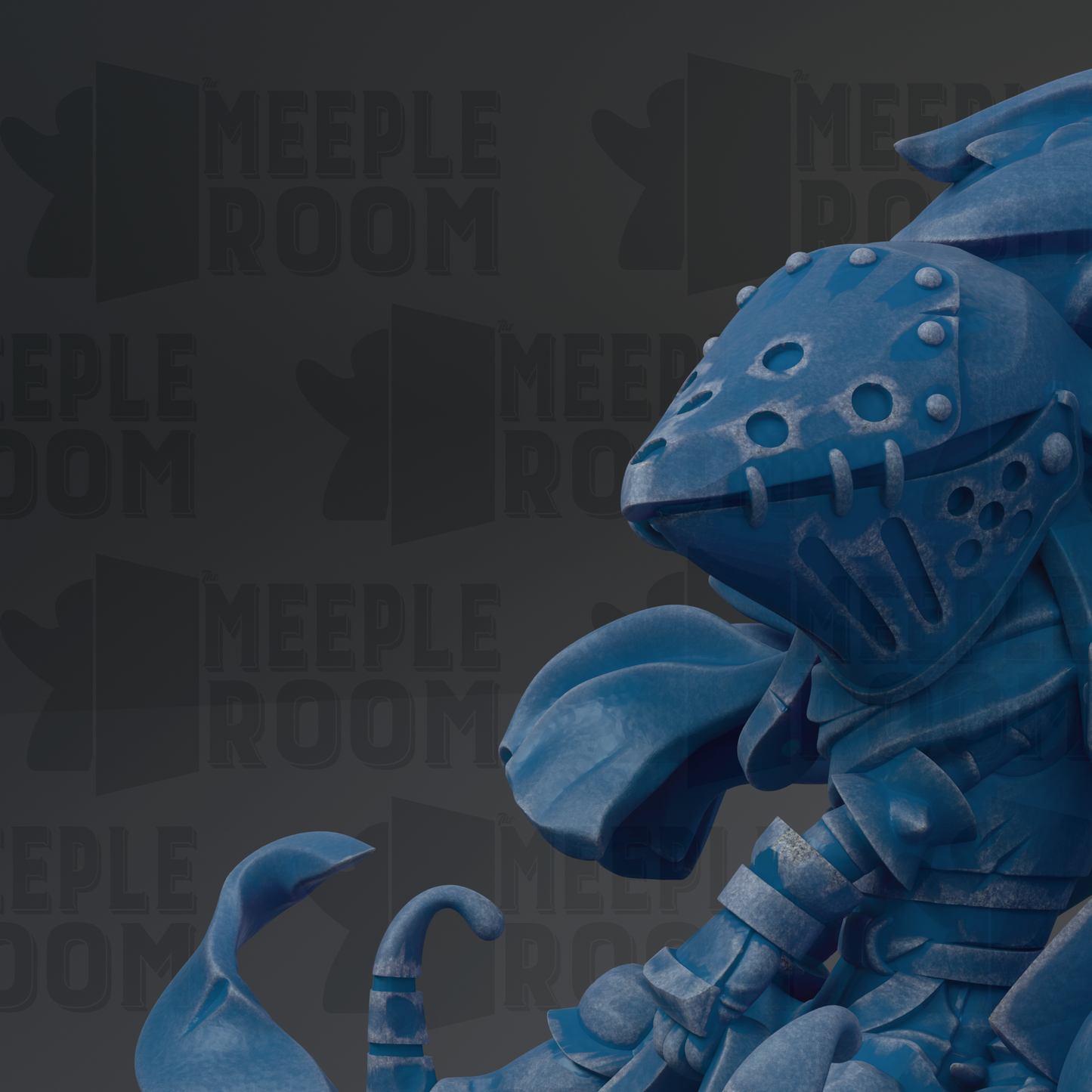 A blue armored figure with a helmet and other protective gear, set against a dark background with repeated text.