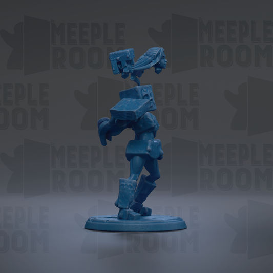 A blue figurine of a human-like character with a head and arms, standing on a base and facing to the right.