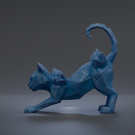 A 3D rendering of a blue, geometric cat sculpture with a curved tail and raised front paws, set against a dark background.