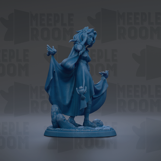 A blue figurine of a woman with flowing hair and a flowing cape, standing on a base with a bird perched on it, against a dark background with repeated text.