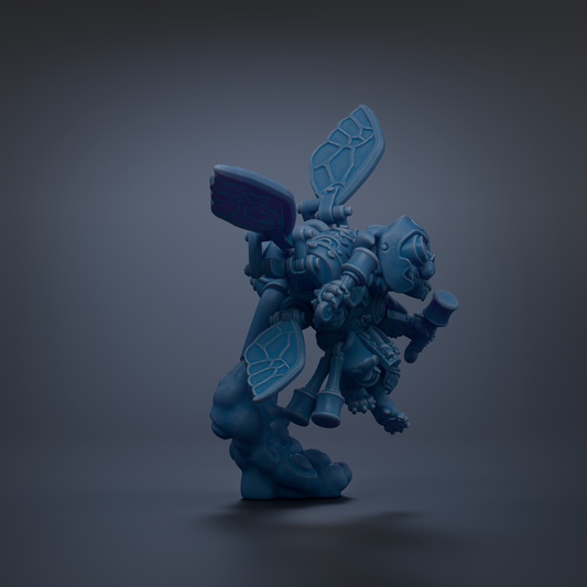 A 3D rendering of a blue, winged creature with a mechanical appearance, standing on a platform against a dark background.