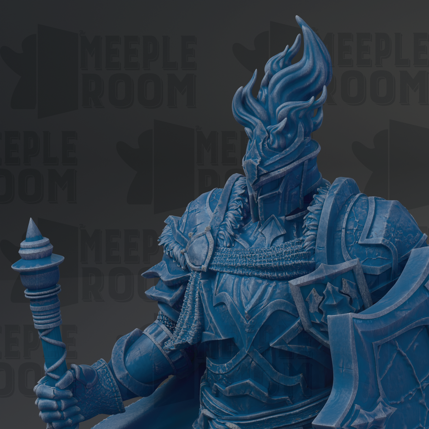 A detailed 3D rendering of a blue armored figure holding a weapon, with intricate details and a fierce expression.