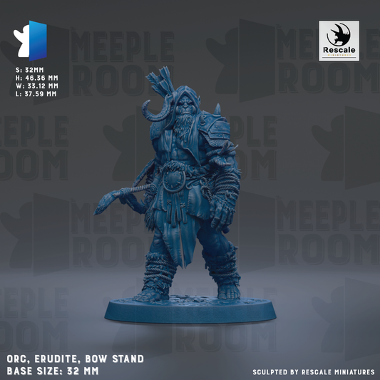 a detailed figurine of a warrior standing on a bow stand, with a blue color scheme. The figurine is described as an "ORC. ERUDITE, BOW STAND" and has a base size of 32mm. The image is a collage of multiple images, and it is described as being "Sculpted by RESCALE MINIATURES".
