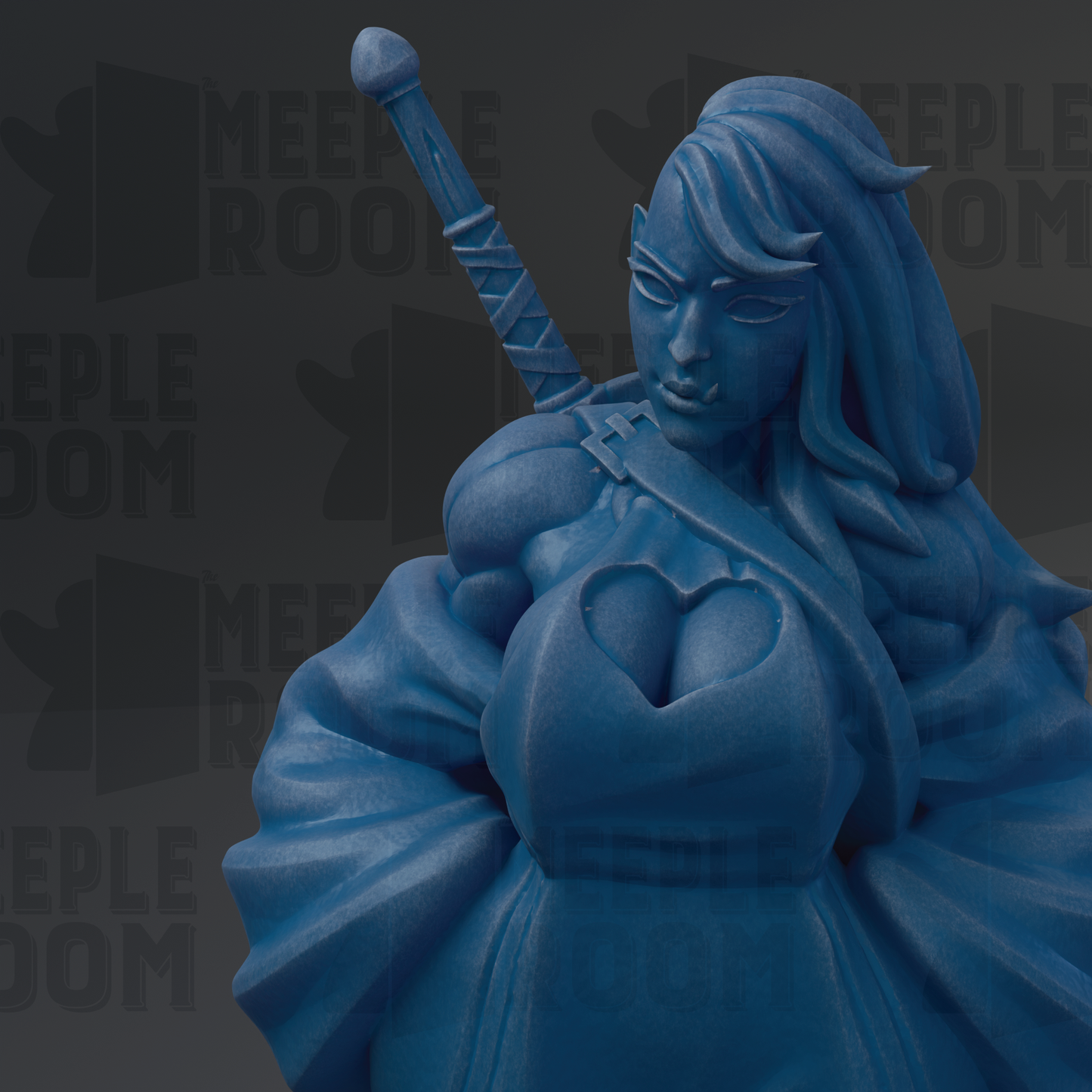 A blue statue of a woman with a heart-shaped bust, holding a sword, and wearing a flowing dress.