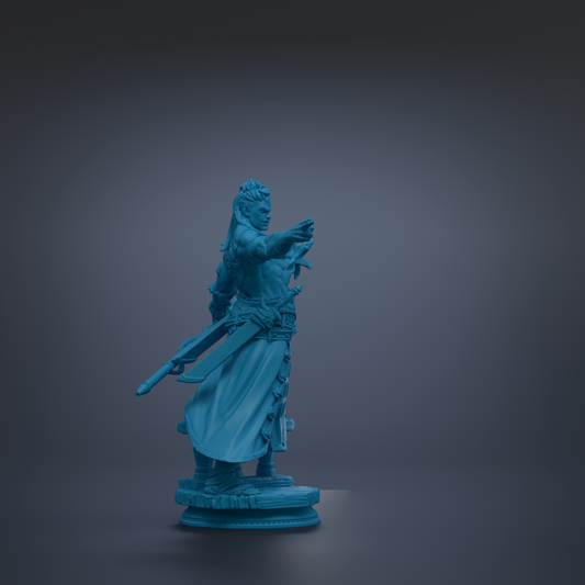 A blue statue of a person with a sword and a crown, standing on a pedestal against a dark background.