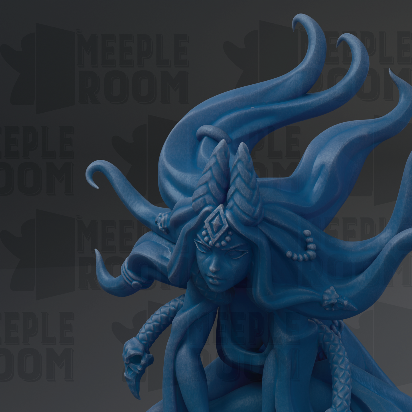 A blue, fantastical sculpture with intricate details and flowing, ethereal hair.