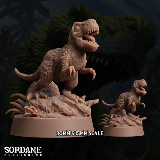 two dinosaur figurines, one larger and one smaller, set against a dark background with a forest-like appearance.