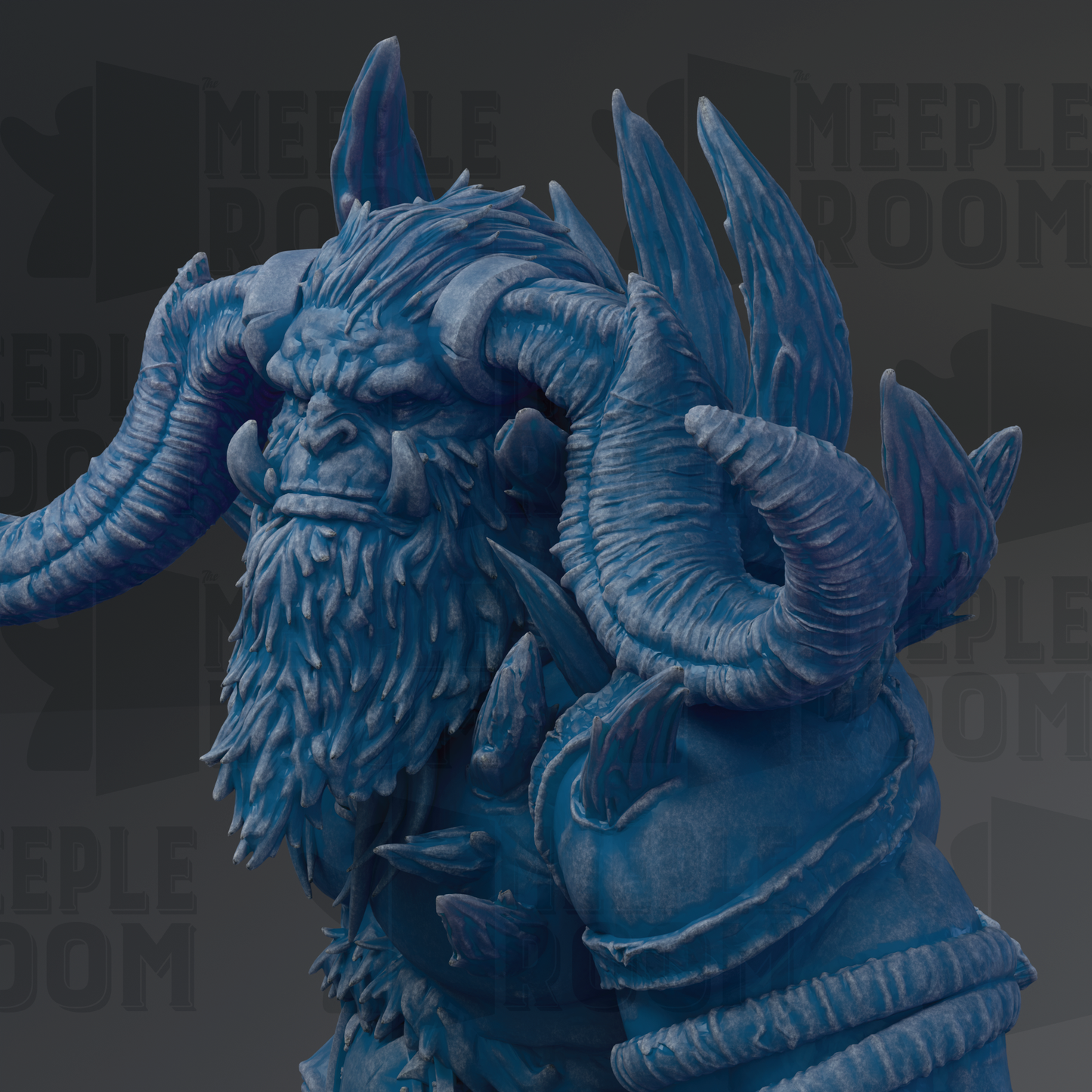 A detailed 3D rendering of a blue, horned creature with a fierce expression, standing against a dark background.